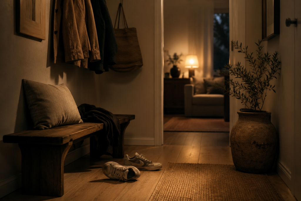 Ruhiger Flur mit Holzbank, Schuhen und warmem Licht als Symbol für ein bewohntes Zuhause