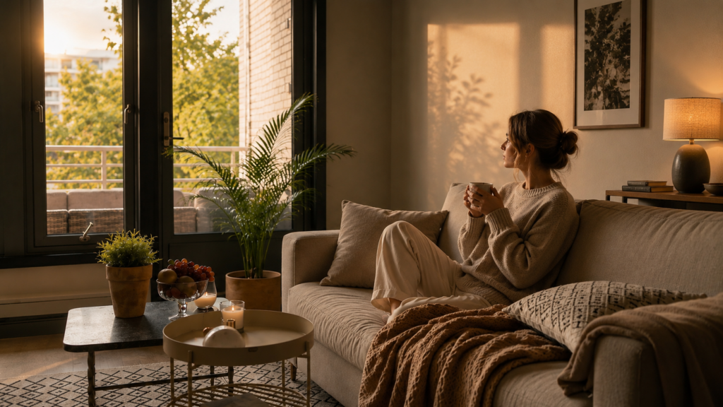 Gemütliches Wohnzimmer mit warmem Licht als Symbol für ein Zuhause, das mit seinen Bewohnern wächst.