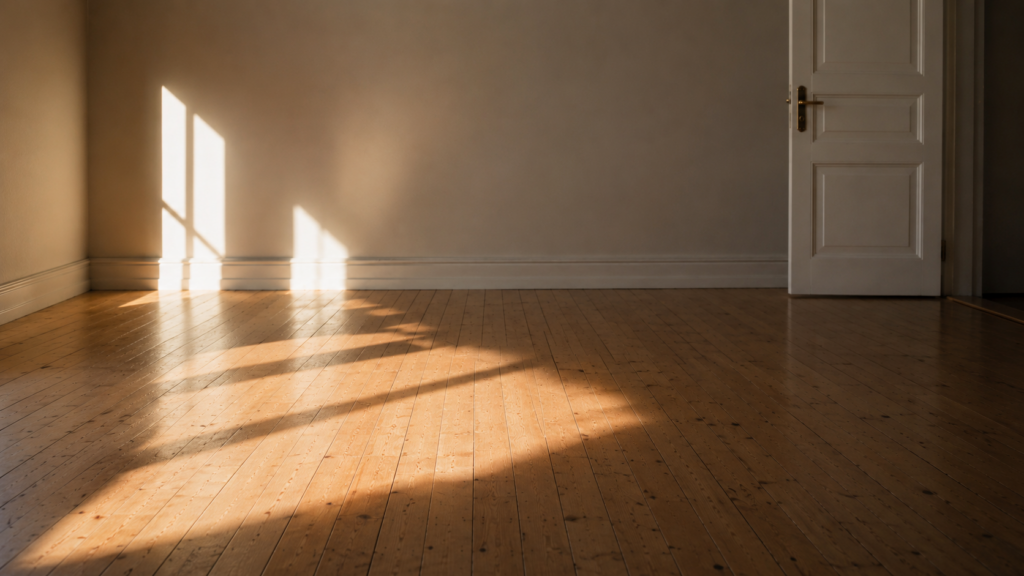 Sonnenlicht fällt auf einen Holzboden in einem ruhigen, leeren Raum. Im Bild steht die Frage: „Wer bist du, wenn niemand zusieht?“