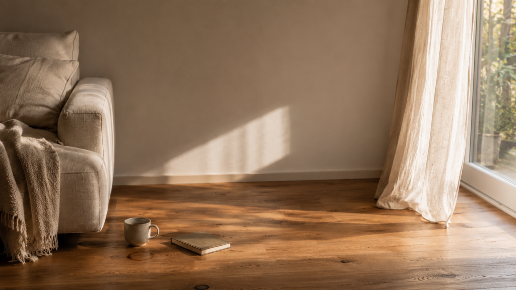 Ruhige Wohnzimmerecke mit freier Wand, Holzboden, Tasse und Buch im warmen Sonnenlicht