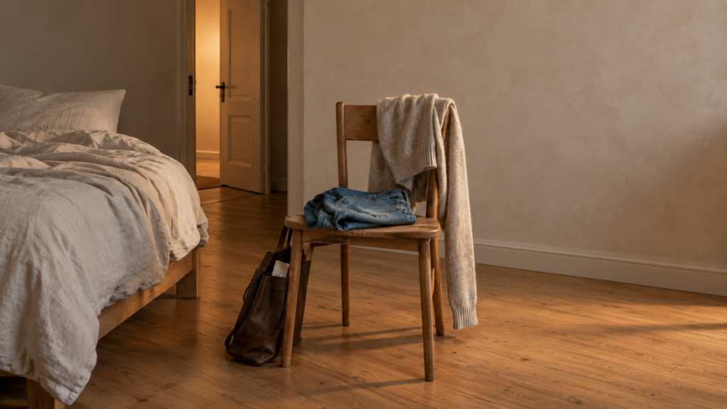 Holzstuhl mit Jeans, Pullover und Tasche in einem warm beleuchteten Schlafzimmer