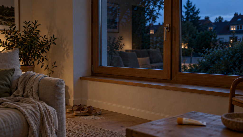 Ruhiges Wohnzimmer am Abend mit geschlossenem Holzfenster, warmem Licht im Raum und kühlem blauem Abendlicht draußen.
