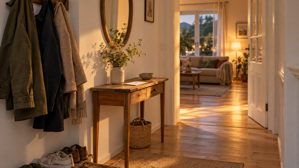 Ein warmer Lichtstreifen fällt vom Wohnzimmer in den Flur. An der Garderobe hängen Mäntel, neben der Kommode stehen Schuhe.